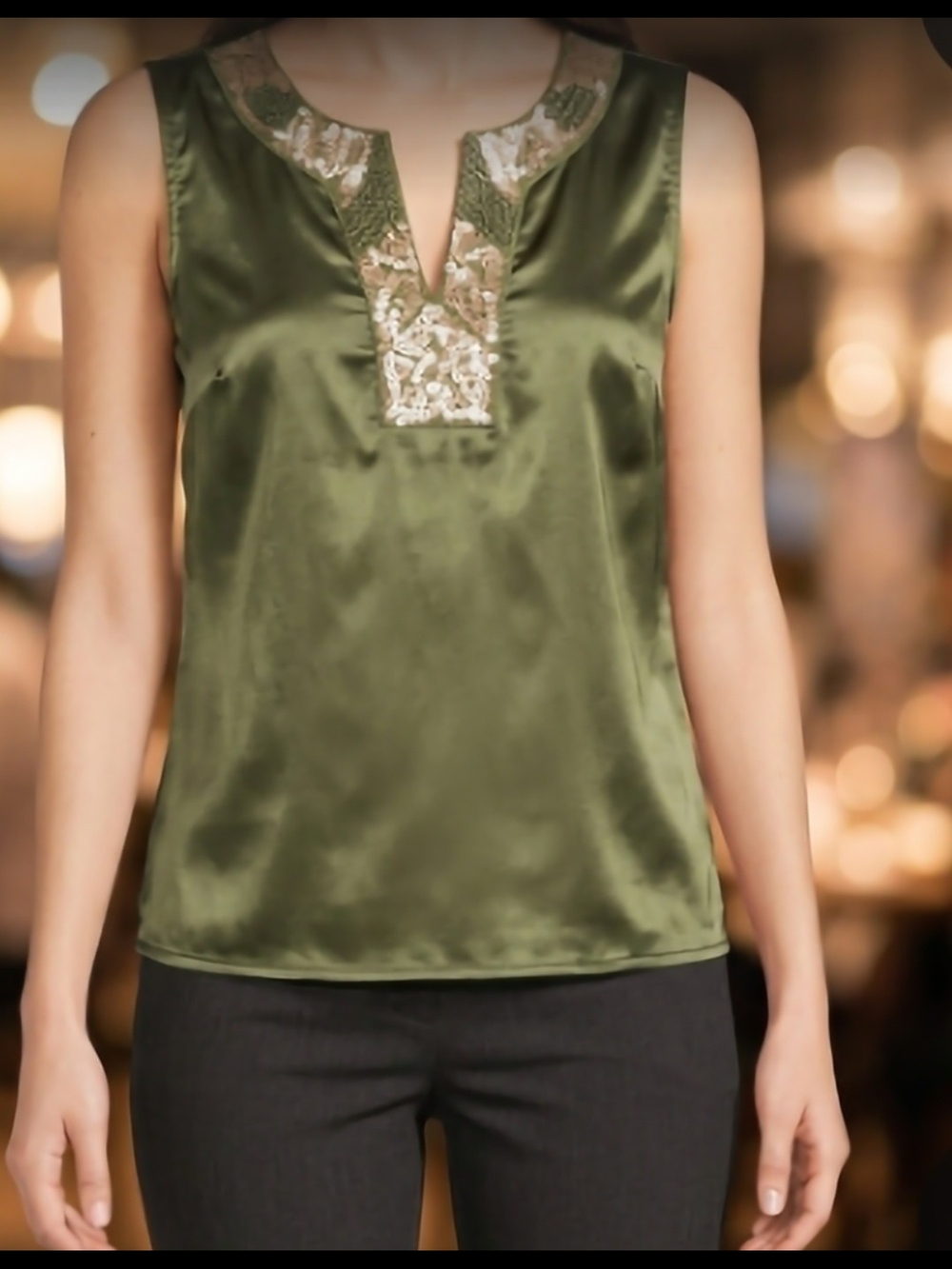 Apt. 9 Olive Green Satin Sleeveless V-Neck Camisole with Embroidered Trim